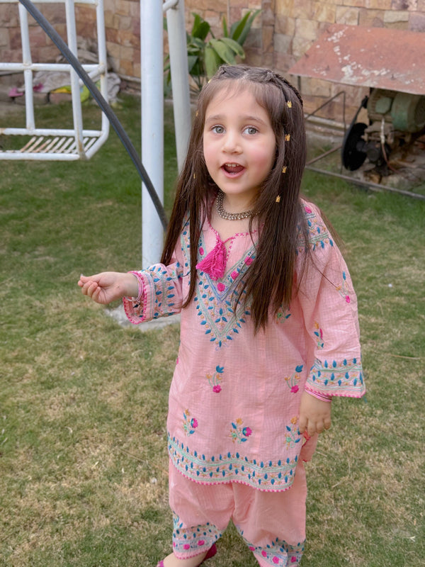 Girls Pink Hand Embroidered Suit