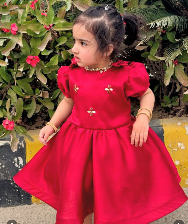 Red Milano Satin Embroidered Dress