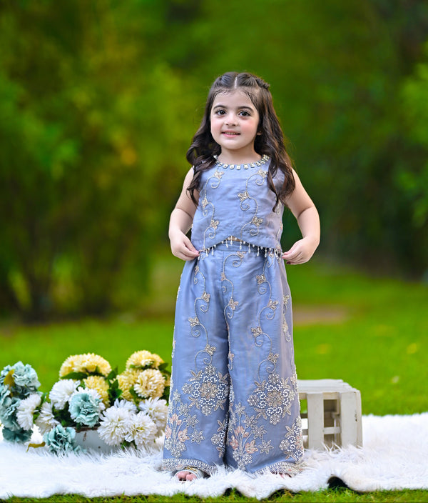 Grey Embroidered Korean Silk Dress