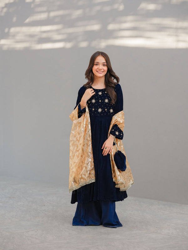 Navy Blue Velvet Long Frock