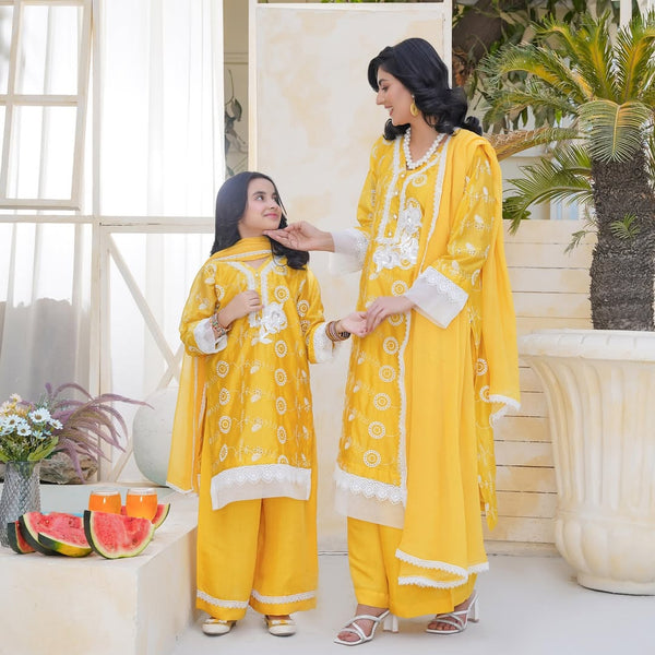 Mustured Chikankari Kids & Mother
