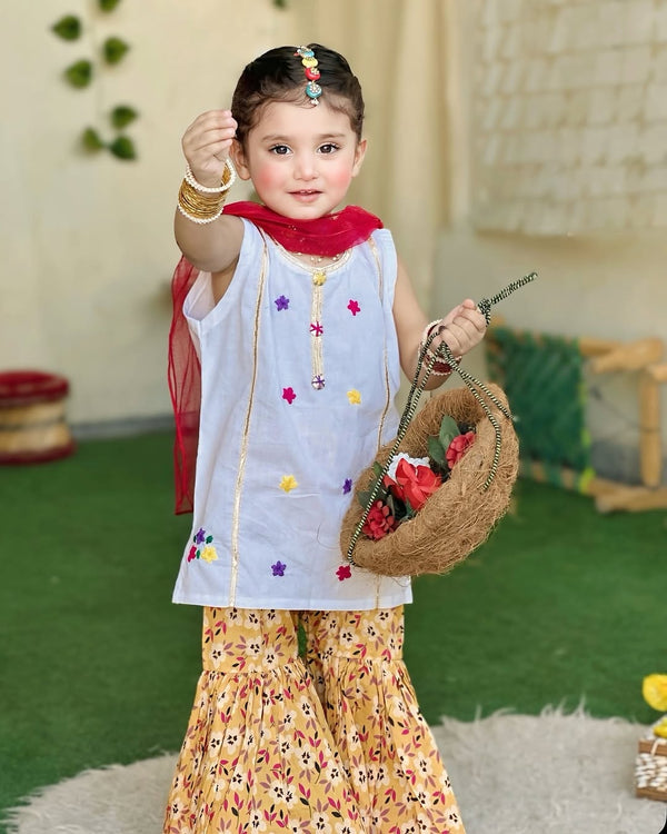 Girls White Emb Gharara Set