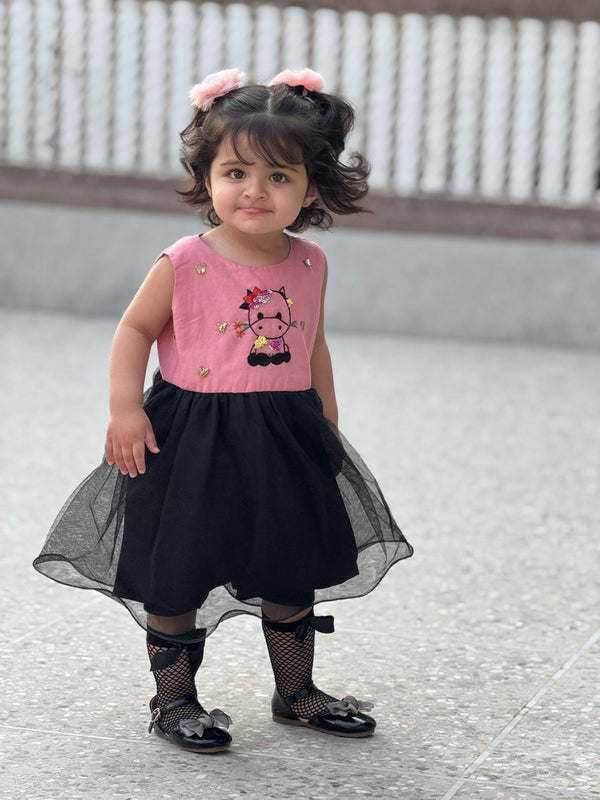 Pink Cow Lawn Body Frock with Net Frill
