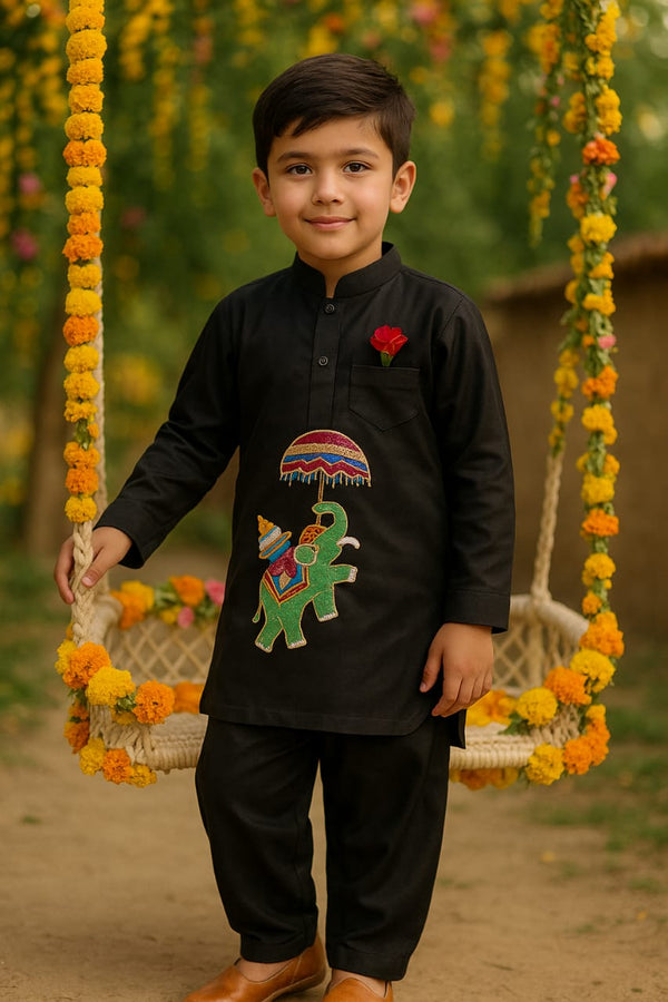 Boys Black Handpainted Kurta