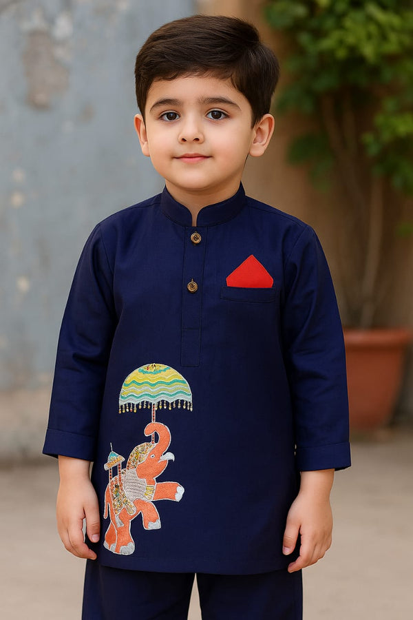 Boys Navy Handpainted Kurta