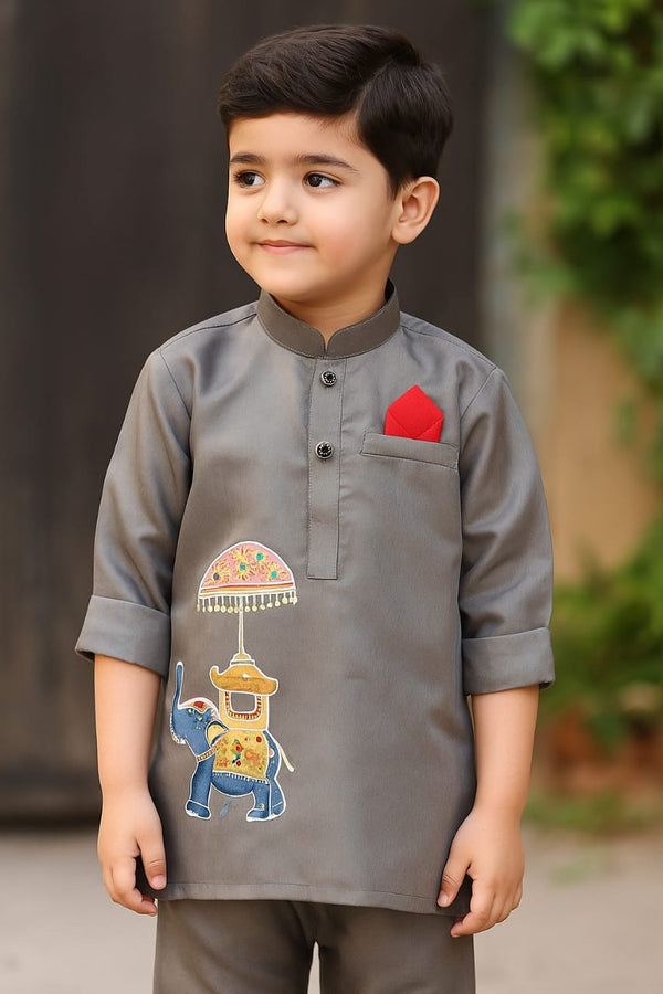 Boys Grey Handpainted Kurta