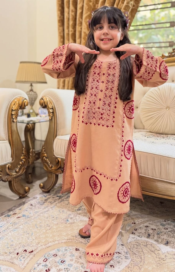 Girls Embroidered Peach Suit